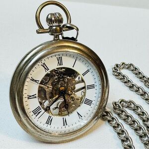 Vintage Stuhrling Skeleton Dial/Back Men's Silver Mechanical Pocket Watch 6053